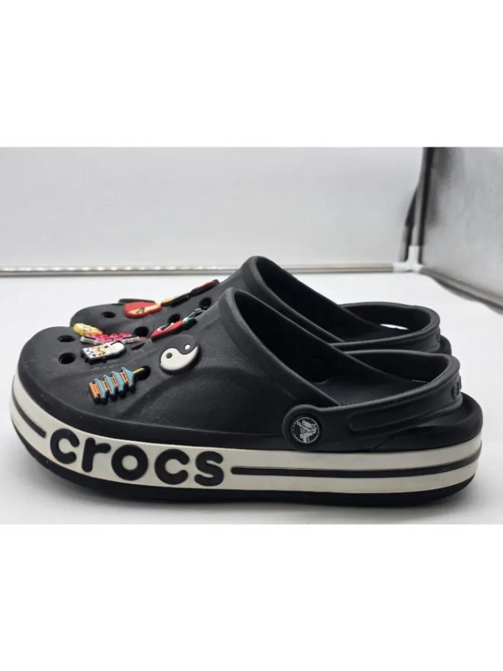 Crocs Clog Shoes Mens Size 9 Black Jibbitz Slip On Sandals Stains Comfort Casual - Picture 6 of 12